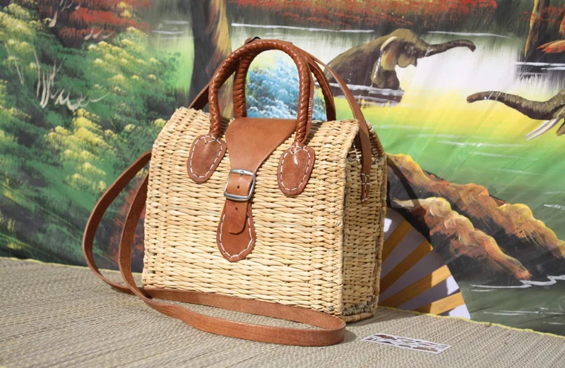 Panier Sac à Main Bandoulière - FERMETURE BOUCLE - Naturel & Cuir - Huléti -
