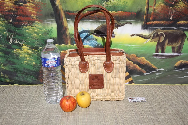 Panier Sac à Main en Jonc - FERMETURE ZIP ÉCLAIR - Naturel & Cuir - Anses Longues