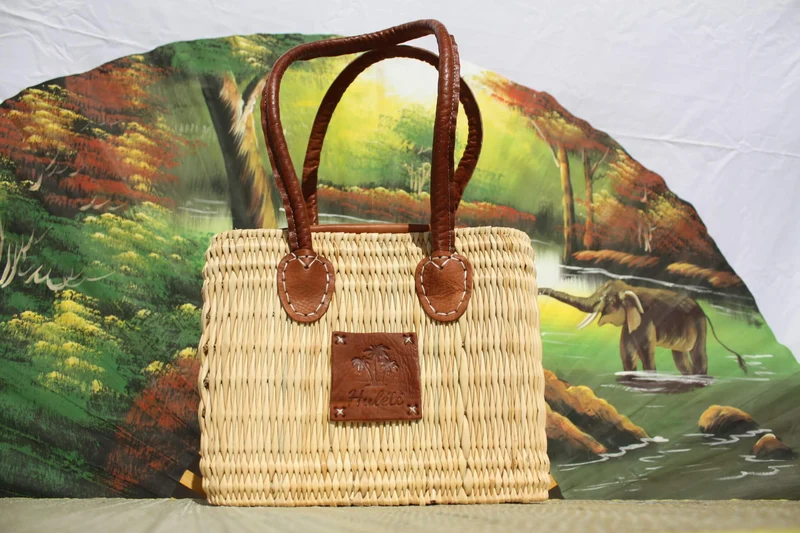 Panier Sac à Main en Jonc - FERMETURE ZIP ÉCLAIR - Naturel & Cuir - Anses Longues
