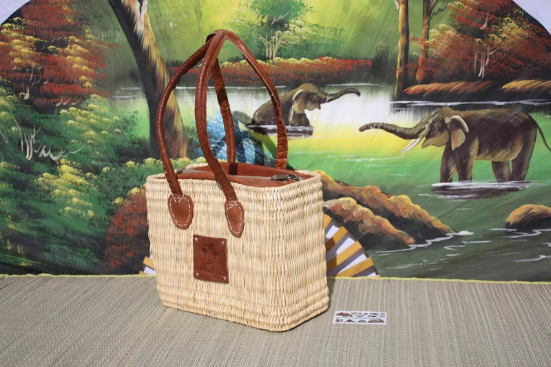 Panier Sac à Main en Jonc - FERMETURE ZIP ÉCLAIR - Naturel & Cuir - Anses Longues