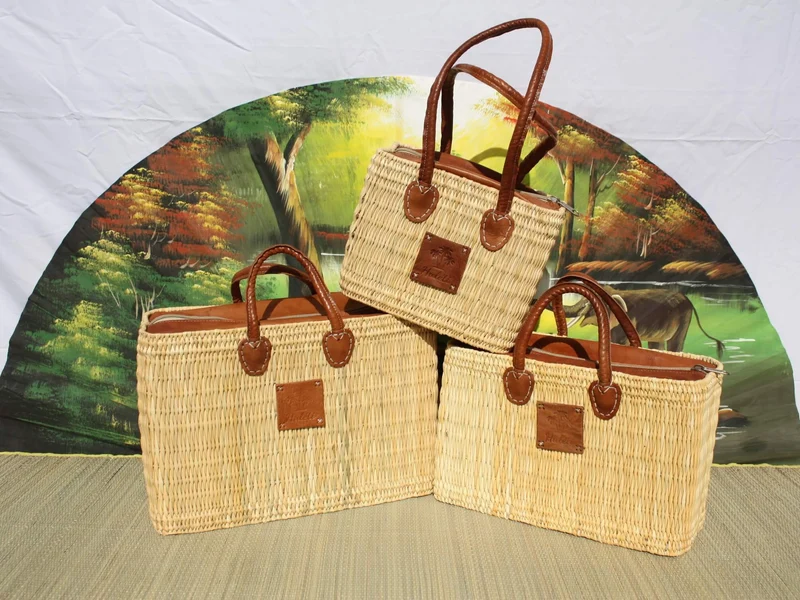 Panier Naturel & Cuir - FERMETURE ZIP ÉCLAIR - Sac cabas courses , marchés , travail , plage ... Anses courtes et longues