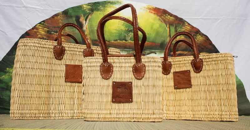 Panier Naturel & Cuir - FERMETURE ZIP ÉCLAIR - Sac cabas courses , marchés , travail , plage ... Anses courtes et longues