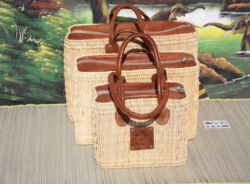 Panier Naturel & Cuir - FERMETURE ZIP ÉCLAIR - Sac cabas courses , marchés , travail , plage ... Anses courtes et longues