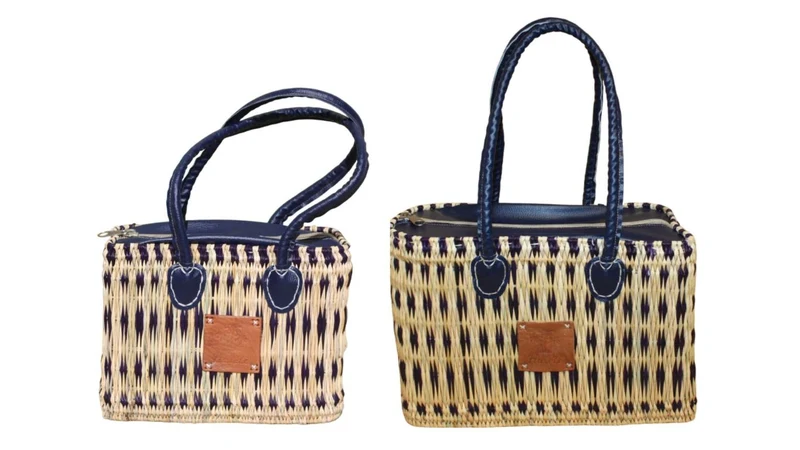 Panier Sac à Main en Jonc - FERMETURE ZIP ÉCLAIR - Bleu & Naturel - Anses Longues - 2 Tailles au Choix !