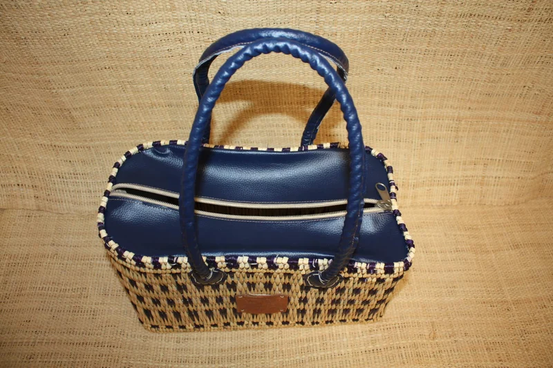 Panier Sac à Main en Jonc - FERMETURE ZIP ÉCLAIR - Bleu & Naturel - Anses Longues - 2 Tailles au Choix !