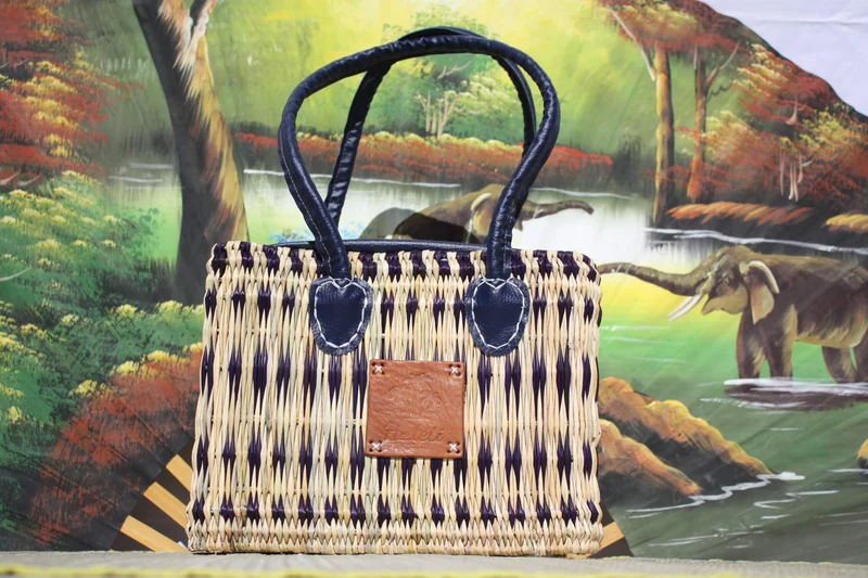 Panier Sac à Main en Jonc - FERMETURE ZIP ÉCLAIR - Bleu & Naturel - Anses Longues - 2 Tailles au Choix !