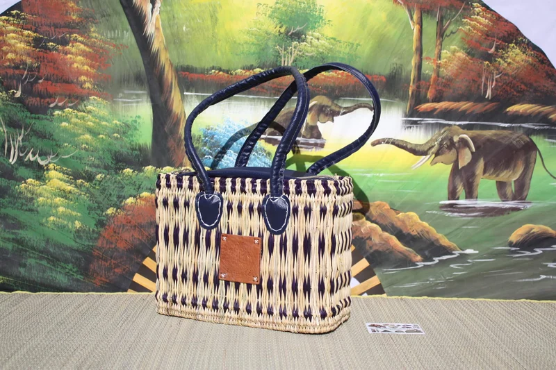 Panier Sac à Main en Jonc - FERMETURE ZIP ÉCLAIR - Bleu & Naturel - Anses Longues - 2 Tailles au Choix !
