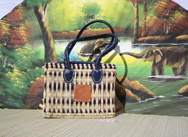 Panier Sac à Main en Jonc - FERMETURE ZIP ÉCLAIR - Bleu & Naturel - Anses Longues - 2 Tailles au Choix !