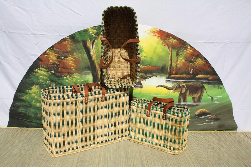 Sac Cabas Vert & Naturel - Panier Marocain Anses Cuir - 3 tailles - idéal courses , marchés , travail , plage ...