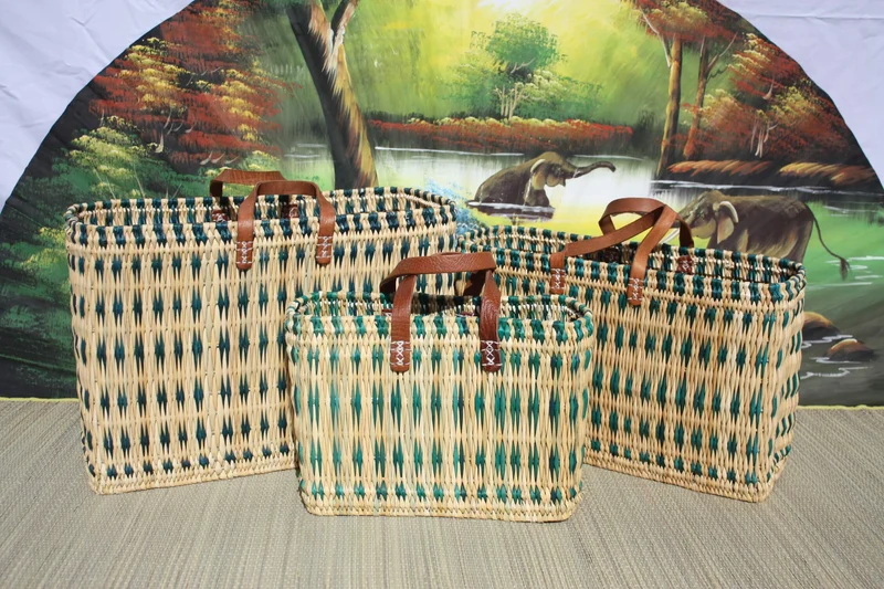 Sac Cabas Vert & Naturel - Panier Marocain Anses Cuir - 3 tailles - idéal courses , marchés , travail , plage ...