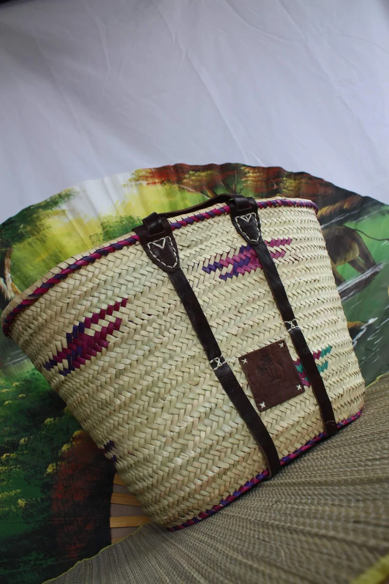 GRAND Panier Coloré - Cabas Solide pour courses marchés sac plage - osier paille marocain rotin palmier