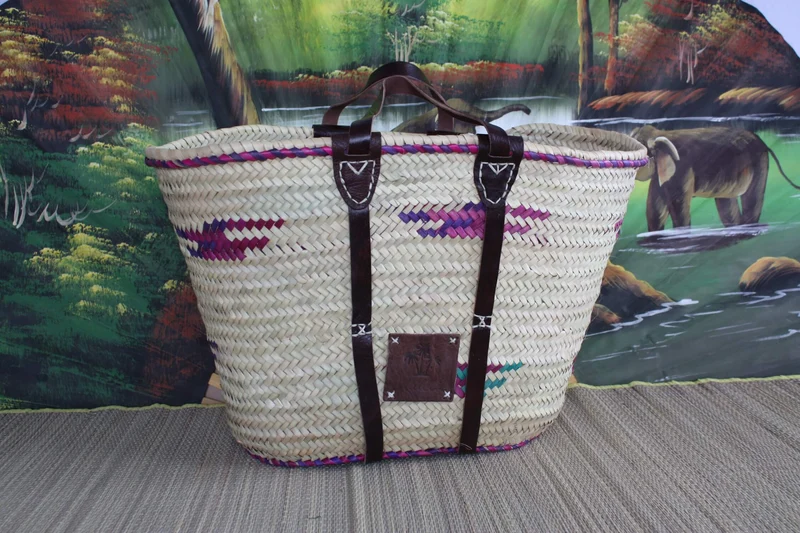 GRAND Panier Coloré - Cabas Solide pour courses marchés sac plage - osier paille marocain rotin palmier