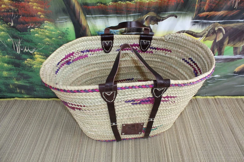 GRAND Panier Coloré - Cabas Solide pour courses marchés sac plage - osier paille marocain rotin palmier