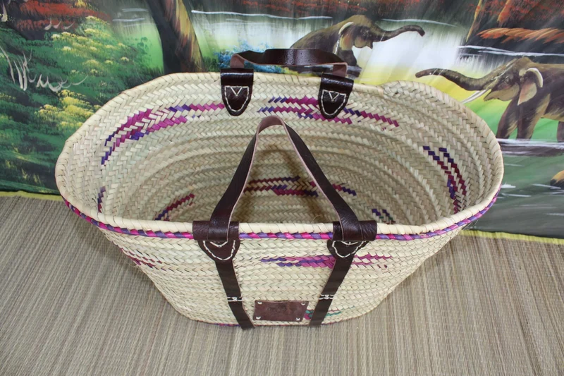 GRAND Panier Coloré - Cabas Solide pour courses marchés sac plage - osier paille marocain rotin palmier