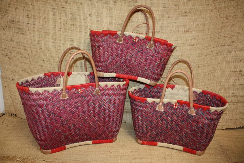 Cabas à courses Panier ARTISANAL MADAGASCAR - Naturel & Rouge - Tressé à la main - 3 tailles au choix - osier rotin paille