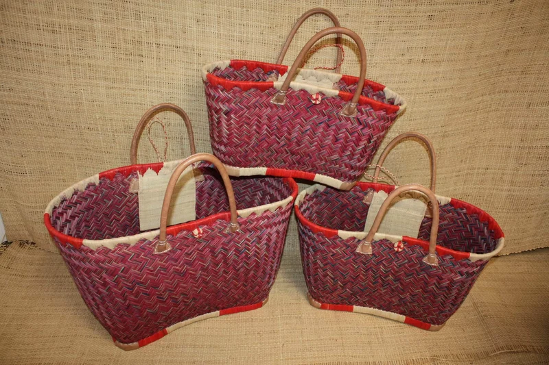 Cabas à courses Panier ARTISANAL MADAGASCAR - Naturel & Rouge - Tressé à la main - 3 tailles au choix - osier rotin paille