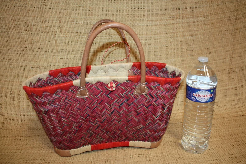 Cabas à courses Panier ARTISANAL MADAGASCAR - Naturel & Rouge - Tressé à la main - 3 tailles au choix - osier rotin paille