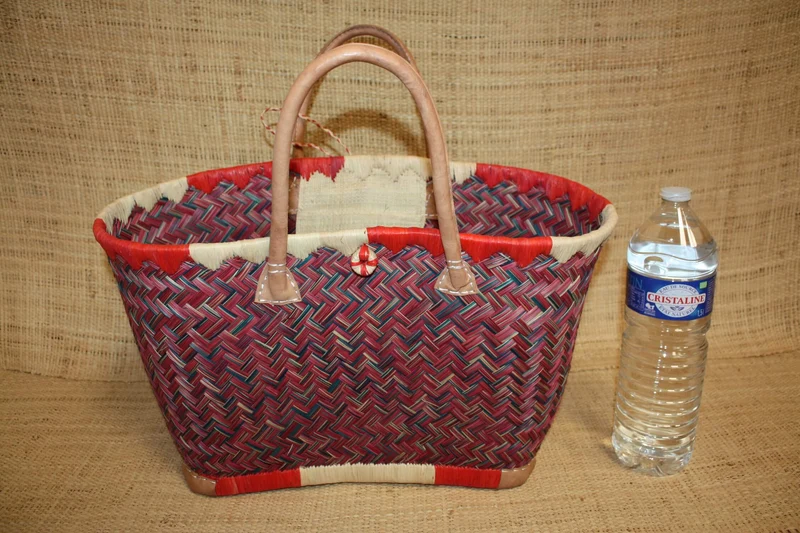 Cabas à courses Panier ARTISANAL MADAGASCAR - Naturel & Rouge - Tressé à la main - 3 tailles au choix - osier rotin paille