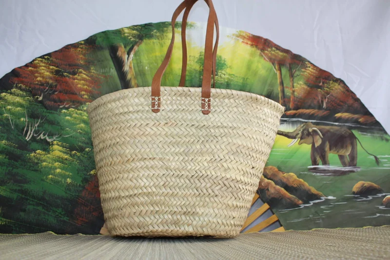 Sac Anses Longues Cuir - Panier Cabas marchés courses osier rotin palmier naturel