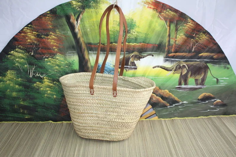 Sac Anses Longues Cuir - Panier Cabas marchés courses osier rotin palmier naturel