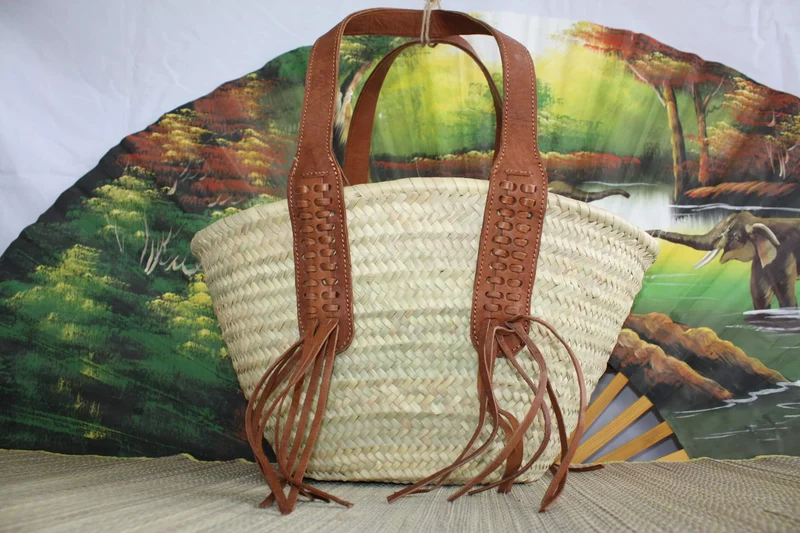 SUPERBE Sac Anses Longues Cuir - Panier Marocain Tressé - Cabas marchés course plage naturel