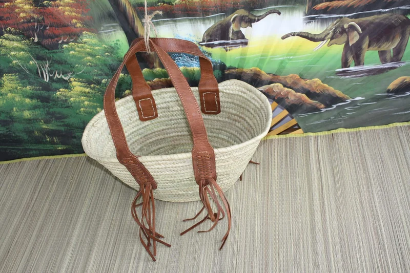 SUPERBE Sac Anses Longues Cuir - Panier Marocain Tressé - Cabas marchés course plage naturel