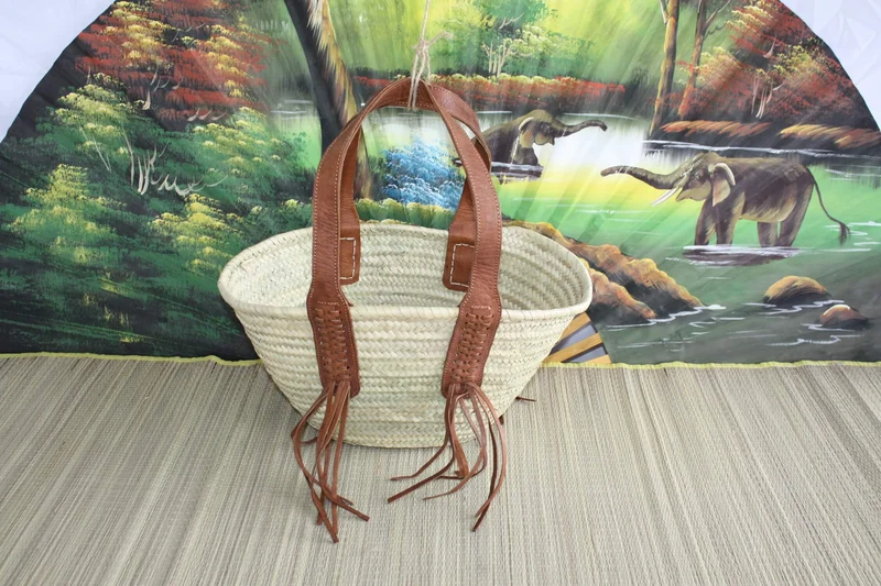 SUPERBE Sac Anses Longues Cuir - Panier Marocain Tressé - Cabas marchés course plage naturel