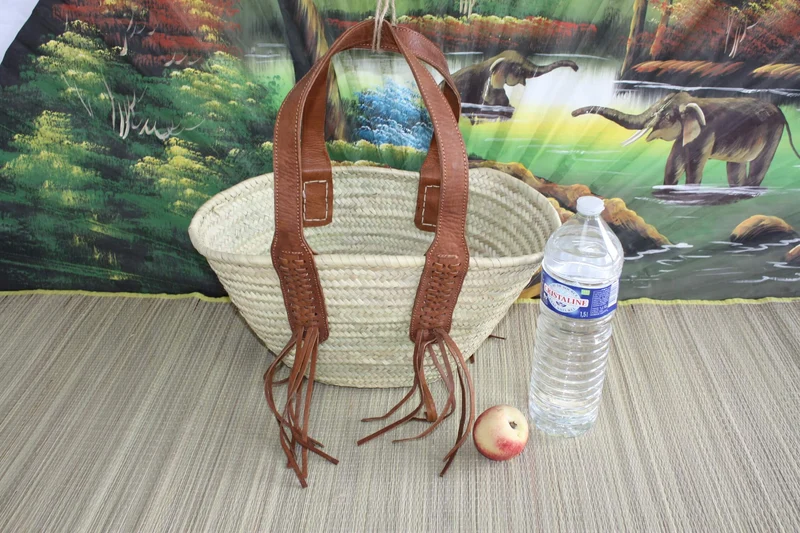 SUPERBE Sac Anses Longues Cuir - Panier Marocain Tressé - Cabas marchés course plage naturel