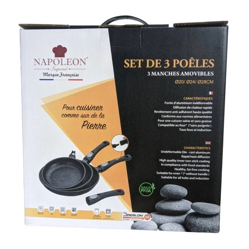 Série de 3 Poêles Ø20 24 28cm Revêtement Anti Adhésif TOUS FEUX Poignée amovible
