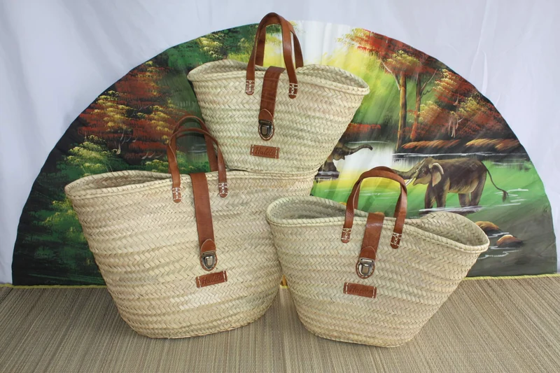 Superbe Panier Anses Cuir Fermeture Valise - Cabas Sac marchés course plage panier osier, rotin, paille...