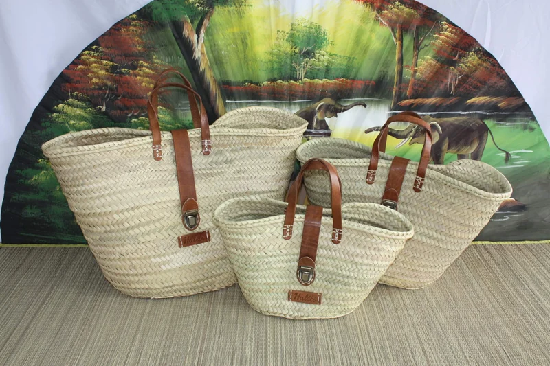 Superbe Panier Anses Cuir Fermeture Valise - Cabas Sac marchés course plage panier osier, rotin, paille...