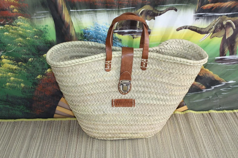 Superbe Panier Anses Cuir Fermeture Valise - Cabas Sac marchés course plage panier osier, rotin, paille...