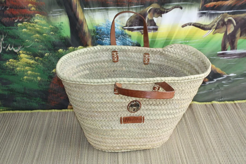 Superbe Panier Anses Cuir Fermeture Valise - Cabas Sac marchés course plage panier osier, rotin, paille...