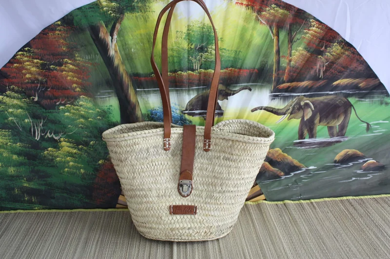 Superbe Sac Anses Longues Cuir Fermeture Valise - Cabas marchés course plage panier naturel