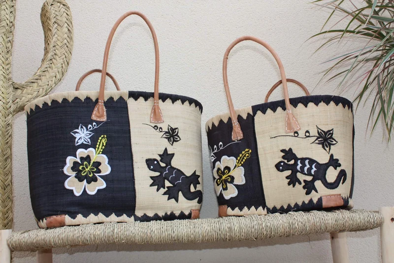 Panier brodé Rabane - Cabas Sac courses Anses Longues - 3 TAILLES - Marchés, courses, plage...