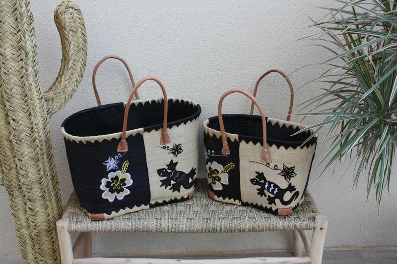 Panier brodé Rabane - Cabas Sac courses Anses Longues - 3 TAILLES - Marchés, courses, plage...