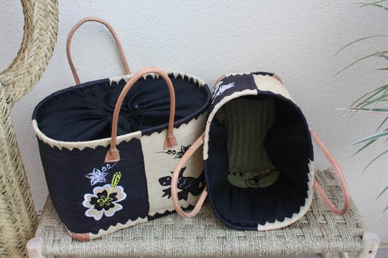 Panier brodé Rabane - Cabas Sac courses Anses Longues - 3 TAILLES - Marchés, courses, plage...