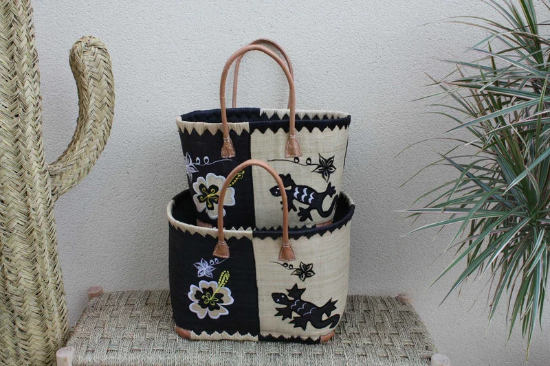 Panier brodé Rabane - Cabas Sac courses Anses Longues - 3 TAILLES - Marchés, courses, plage...