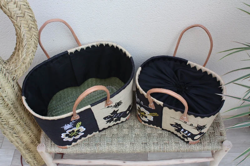 Panier brodé Rabane - Cabas Sac courses Anses Longues - 3 TAILLES - Marchés, courses, plage...