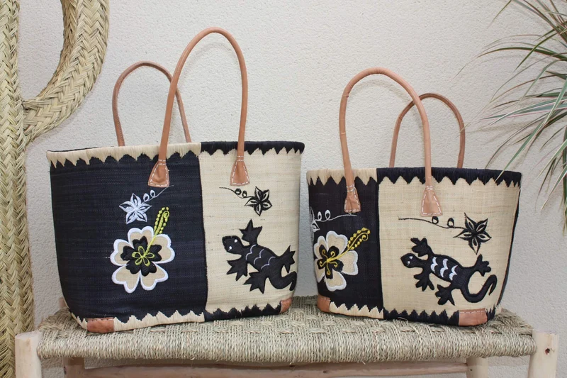 Panier brodé Rabane - Cabas Sac courses Anses Longues - 3 TAILLES - Marchés, courses, plage...