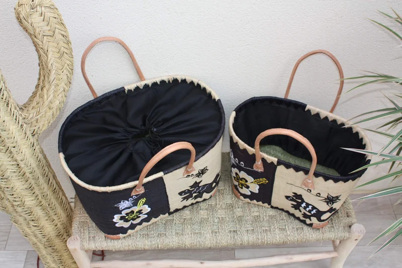 Panier brodé Rabane - Cabas Sac courses Anses Longues - 3 TAILLES - Marchés, courses, plage...