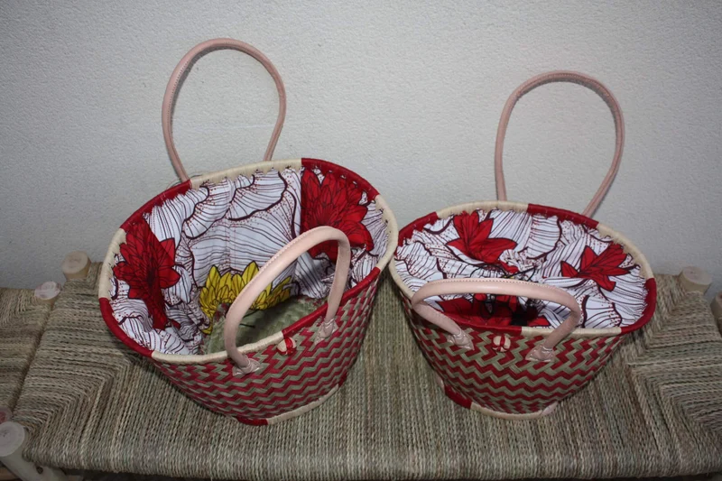 Panier ROND - Beau Tissu WAX africain - Rouge & Naturel - Cabas Sac Anses Longues - 3 TAILLES - Marchés, courses, plage...