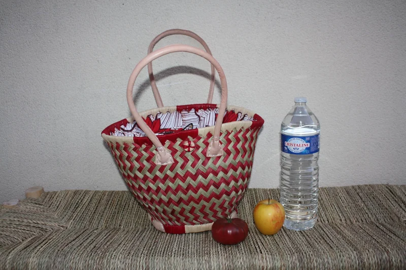 Panier ROND - Beau Tissu WAX africain - Rouge & Naturel - Cabas Sac Anses Longues - 3 TAILLES - Marchés, courses, plage...