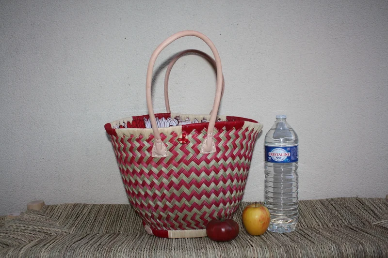 Panier ROND - Beau Tissu WAX africain - Rouge & Naturel - Cabas Sac Anses Longues - 3 TAILLES - Marchés, courses, plage...