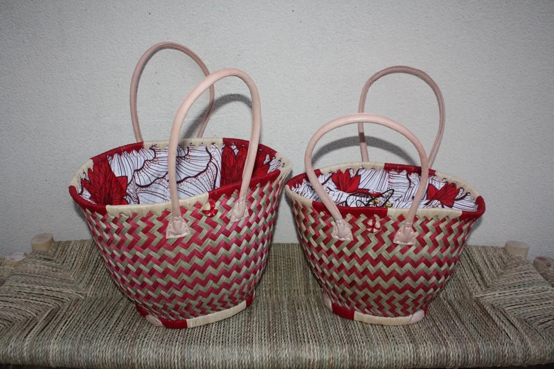Panier ROND - Beau Tissu WAX africain - Rouge & Naturel - Cabas Sac Anses Longues - 3 TAILLES - Marchés, courses, plage...