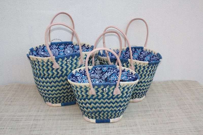 Panier ROND Pochon WAX africain - Bleu & Naturel - Cabas Sac Anses Longues - 3 TAILLES - Marchés, courses, plage...