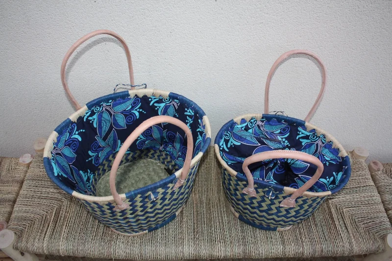 Panier ROND Pochon WAX africain - Bleu & Naturel - Cabas Sac Anses Longues - 3 TAILLES - Marchés, courses, plage...
