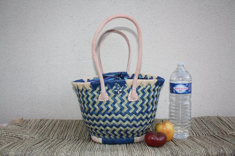 Panier ROND Pochon WAX africain - Bleu & Naturel - Cabas Sac Anses Longues - 3 TAILLES - Marchés, courses, plage...