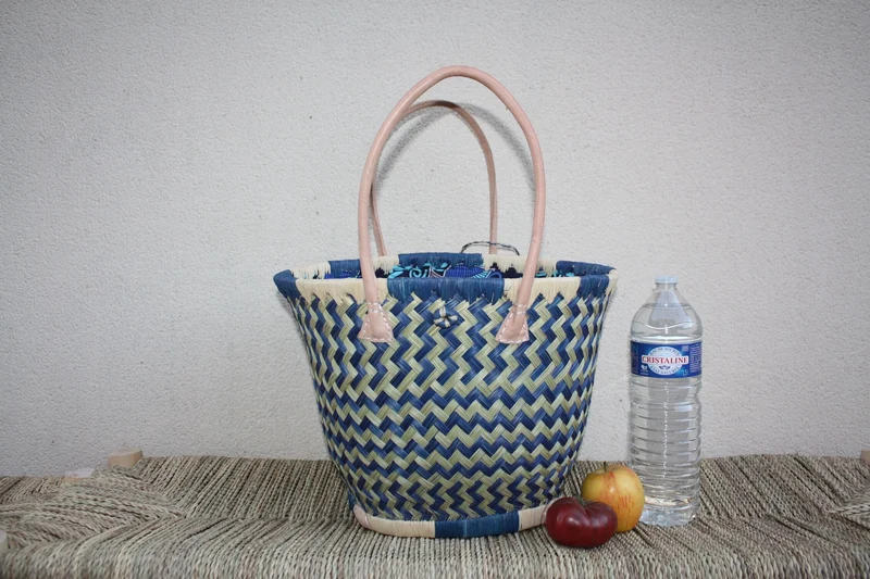 Panier ROND Pochon WAX africain - Bleu & Naturel - Cabas Sac Anses Longues - 3 TAILLES - Marchés, courses, plage...