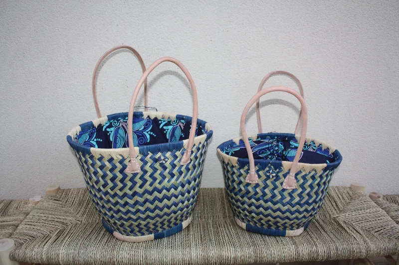Panier ROND Pochon WAX africain - Bleu & Naturel - Cabas Sac Anses Longues - 3 TAILLES - Marchés, courses, plage...
